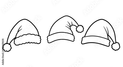 Outline Set of 3 Icons of Christmas Hats in Doodle Style  