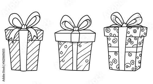 Outline set of 3 different gift boxes, black on white doodle design, christmas  