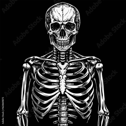 Detailed skeleton illustration with bones and anatomical structure on black