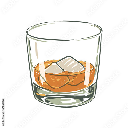 Whiskey glass with rock and ice cubes on white background  