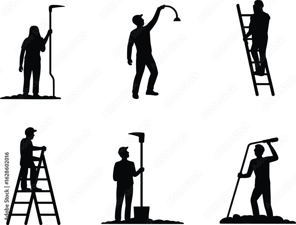 Obraz premium Construction Silhouettes Set – Workers with Ladders, Shovels, and Tools Engaged in Various Maintenance and Outdoor Labor Activities