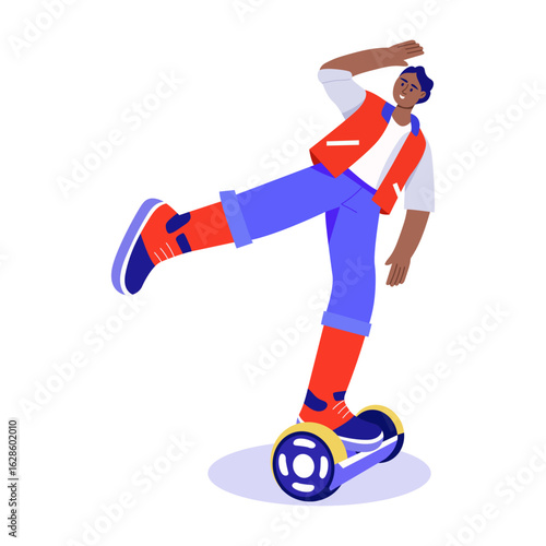 A flat style illustration depicting a person riding hoverboard