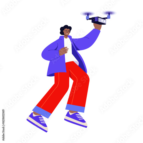A flat style illustration showing a person holding drone camera
