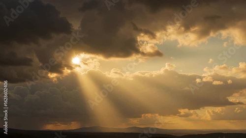 Sunlight breaking through rainy clouds over countryside landscape  