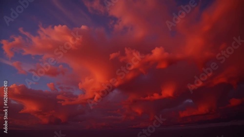 Soft red glow through storm clouds at sunset  