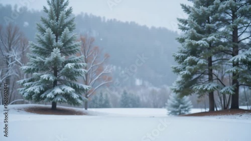 Snowy landscape with evergreen trees in winter season  