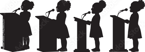 Five women speaking at podium silhouette