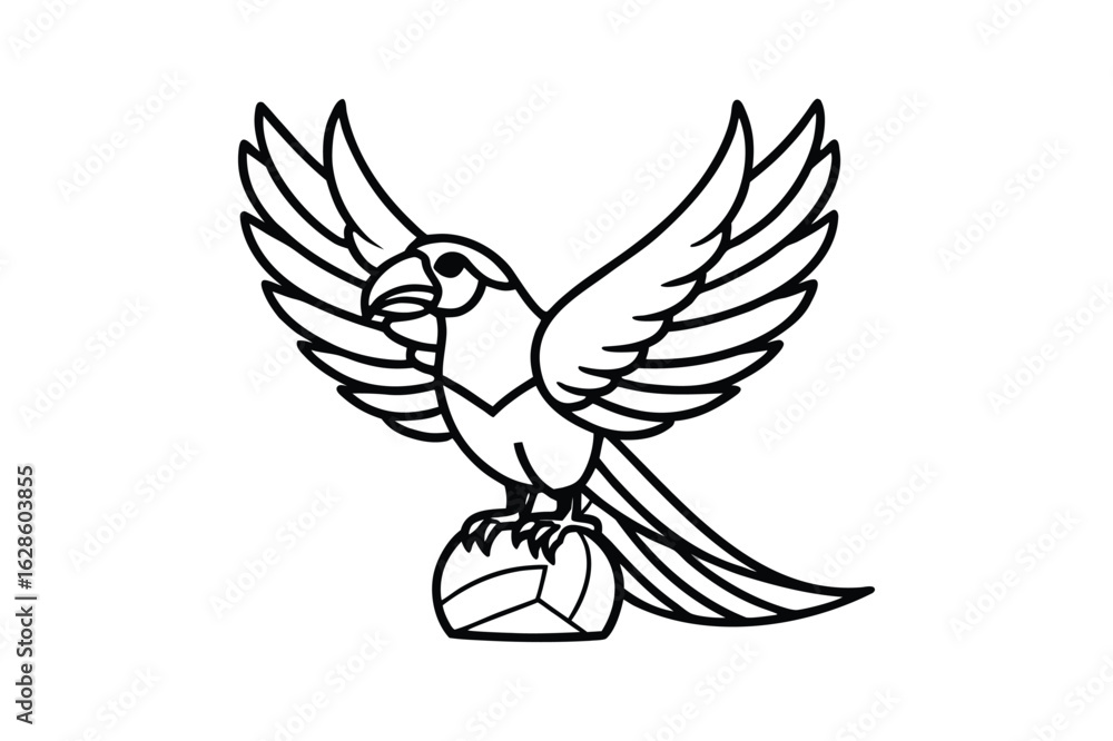 Obraz premium Bold Line Art Depiction of a Stylized Parrot Perched Upon a Geometrically Detailed Ball Design with an Emphasis on Symmetry