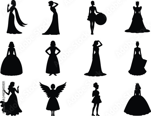 Elegant female silhouettes in fantasy costumes, wings, princess gowns, royal characters posing for vector clipart, fashion, storybook design.