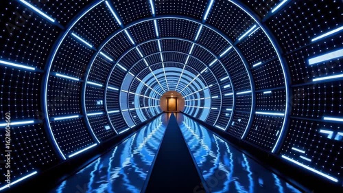 Digital tunnel flying sequence with blue lights and reflective surface  