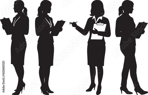 Four businesswomen in silhouette posing with documents