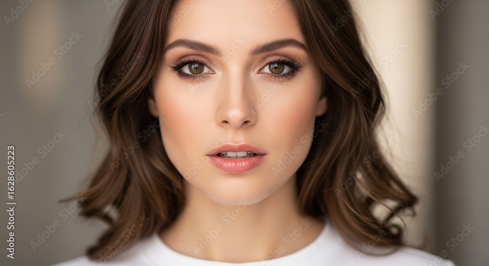 Close-up portrait of a beautiful young woman with soft wavy brown hair and natural makeup, looking directly at the camera. Close-up portrait of a beautiful young woman with soft wavy brown hair and natural makeup, looking directly at the camera.