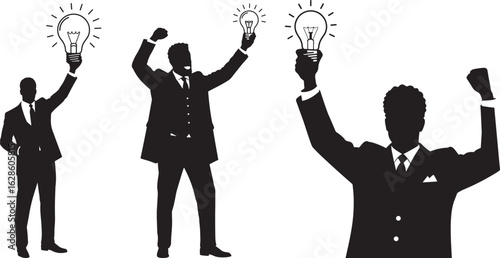 Businessmen celebrating with lightbulb ideas silhouette