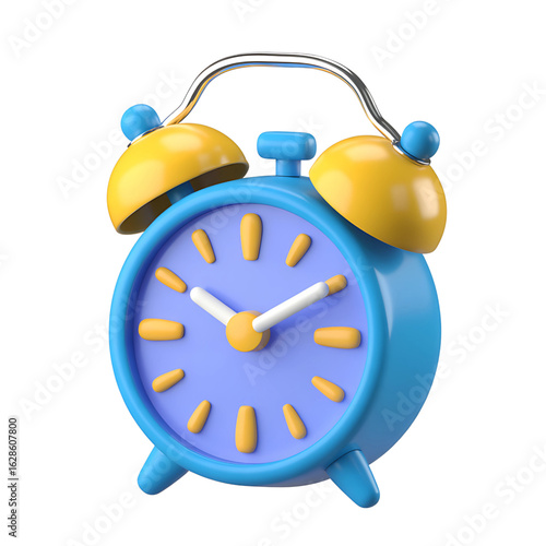 Charming blue alarm clock with yellow accents, perfect for conveying time management, punctuality, and morning routines in engaging visual narratives and designs.