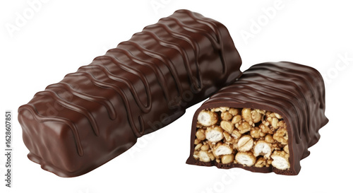 Chocolate covered cereal bar isolated on transparent background