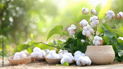 Wallpaper Mural ripe cotton bolls in a sunlit field, surrounded by green cotton leaves, with several woven bowls Torontodigital.ca