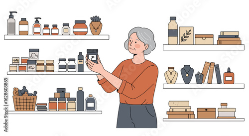 Elderly Woman Inspecting Shelves with Various Items: A heartwarming scene of an elderly woman carefully examining an item on a shelf filled with an assortment of products and ornaments.