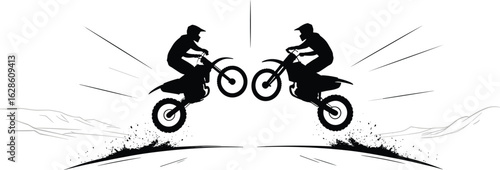 Motocross Silhouette Clash – Two Helmeted Dirt Bikers Mid-Jump Facing Each Other with Speed Lines and Mountain Backdrop