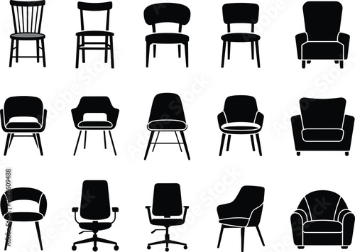 Modern Chair Silhouettes Grid – Vector Collection of Diverse Seating Styles Including Swivel Office Chairs, Vintage Loungers, and Wooden Designs
