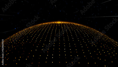 Abstract glowing golden particles forming a dome shape on a dark background