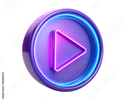Neon Play Button Icon with Glowing Light on Transparent Background vibrant rendering