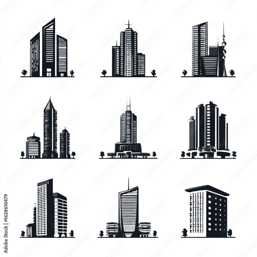 Naklejka premium Diverse collection of abstract city skylines and building silhouettes showcasing modern architectural designs against a clean white background perfect for graphic design elements