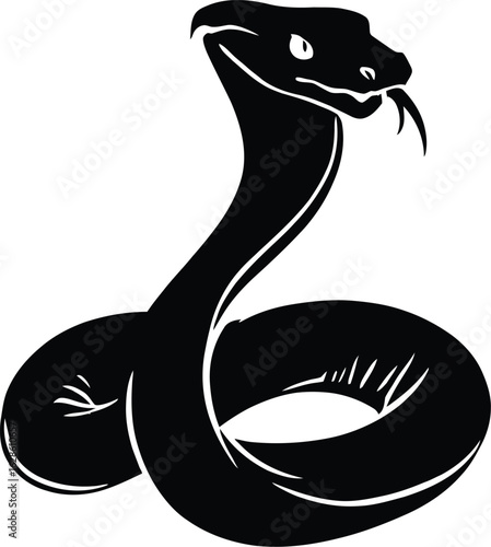 Stylized Snake Vector – Coiled Serpent Silhouette with Raised Head and Tongue in Minimalist Design