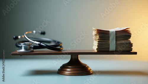Healthcare costs concept: stethoscope and money on a scale, medical expenses and health insurance