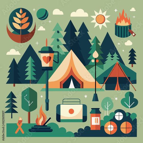 Eco‑Tourism Camping Icon Collection – Forest Adventure & Sustainable Travel

