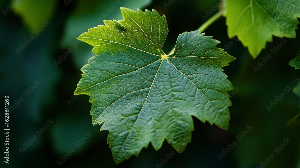 Close-up of a vibrant green grape leaf with visible veins and serrated edges, set against a blurred background of more foliage. Close-up of a vibrant green grape leaf with visible veins and serrated edges, set against a blurred background of more foliage.