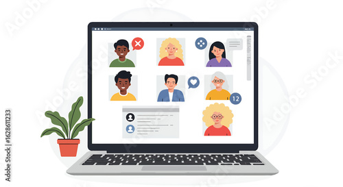 Virtual Gathering: A close-up showcases a laptop screen filled with a virtual meeting, where diverse individuals connect, engaging in communication