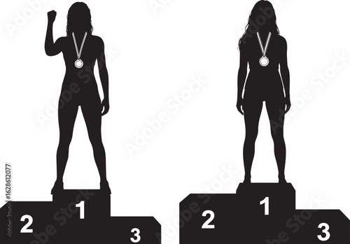Two female athletes on podiums celebrating victory silhouette
