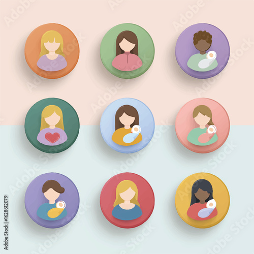 Diverse Mothers and Babies Collection Motherhood Icons Set Round Social Media Profile Graphics Mothers Day Concept