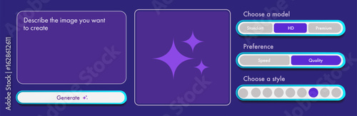 Generate AI image user interface with tools, button, window for promt text trendy style. Artificial intelligence buttons trendy neumorphic for ui ux element, app, website vector 10 eps