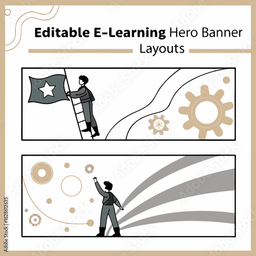 Wallpaper Mural Illustration showing two banner layouts with people, gears, stars, waves and abstract shapes design elements Torontodigital.ca