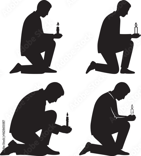 Man kneeling with candle silhouette