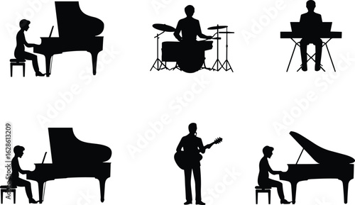 Silhouette Set of Musicians Playing Piano, Guitar, Drums, Keyboard – Vector Icons of Live Music Performers in Concert Settings