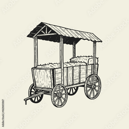 Black and white illustration of hayride wagon isolated on white background