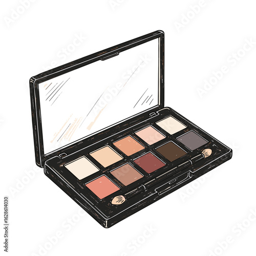 Black and white illustration of open makeup palette isolated on white background