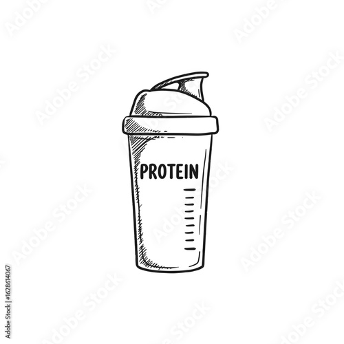 Black and white illustration of protein shake in bottle isolated on white background