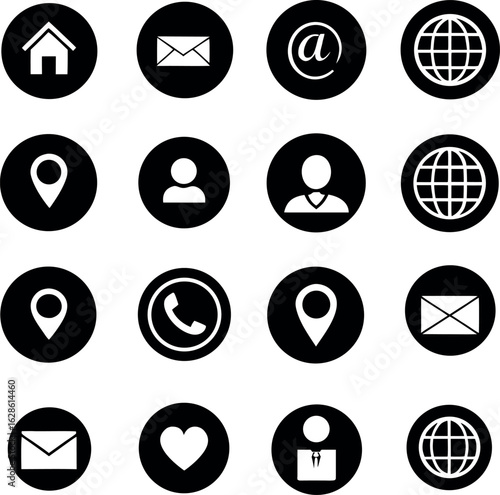 Collection of black contact icons isolated on white background