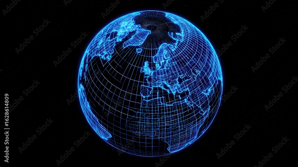 Naklejka premium Rotating 3 D Wireframe Earth Globe Blue Neon Grid Lines isolated on a transparent background
