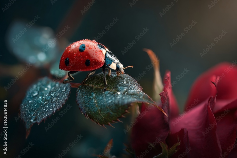 Fototapeta premium Ladybug rests on a rose leaf covered in dew on a misty morning in a vibrant garden