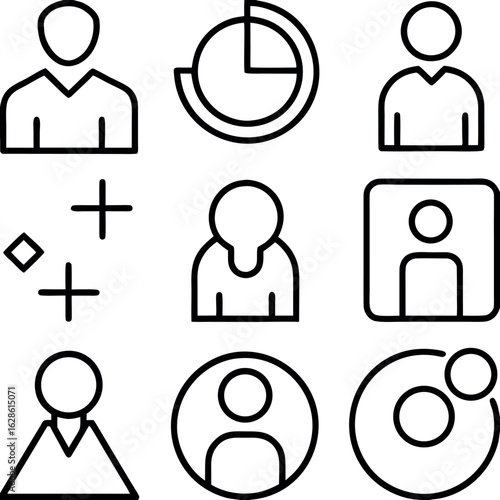 Collection of user interface icons for profile and data visualisation isolated on white background