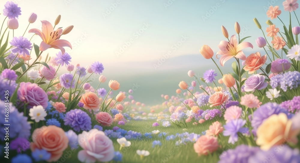 Obraz premium Pastel Paradise: A Floral Dream - Serene pastel flowers, symbolizing peace, beauty, hope, renewal, and tranquility. A dreamy landscape perfect for peaceful contemplation