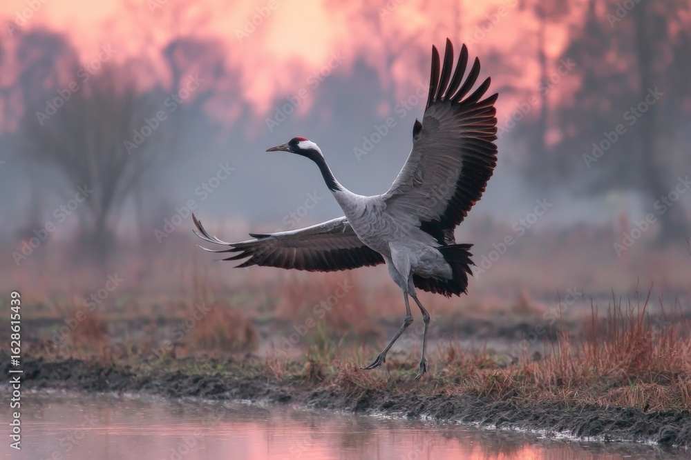Fototapeta premium Majestic crane takes flight over serene wetland at dawn with vibrant sky in the background