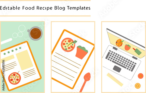 Three food blog templates featuring a clipboard with pizza, a clipboard with a salad and a laptop screen