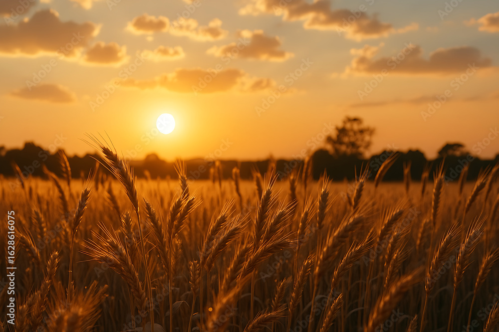 Fototapeta premium Golden wheat field stretches endlessly under warm glowing sunset sky
