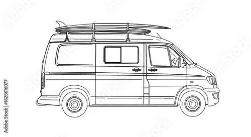 Surf van campervan with surfboard on roof rack vector outline illustration for travel and adventure designs