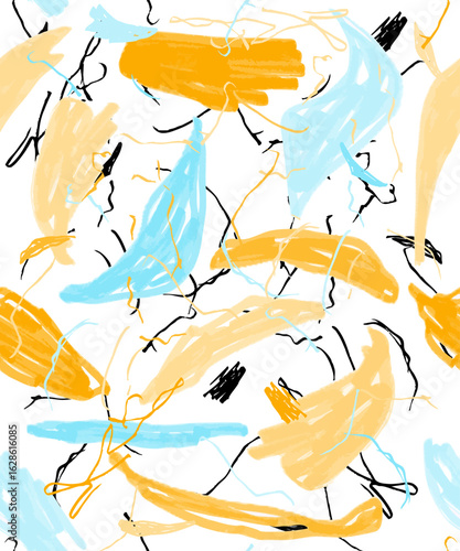 Playful abstract pattern with yellow and blue doodles on a white background. Dynamic, hand-drawn design perfect for textiles, packaging, wallpapers, and creative digital projects.